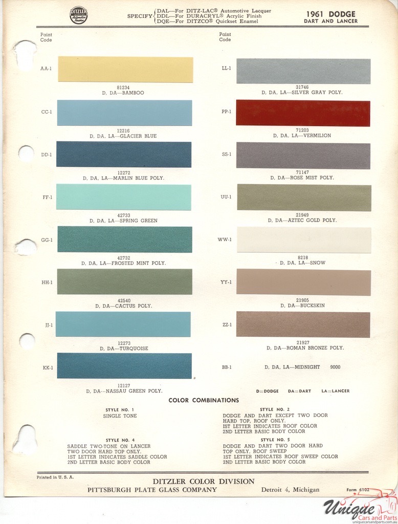 1961 Dodge Paint Charts PPG 1